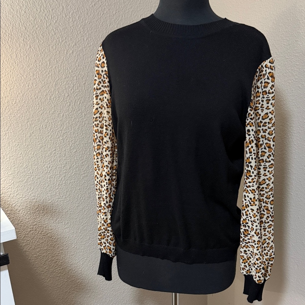 Black top with Leopard Print Sleeves